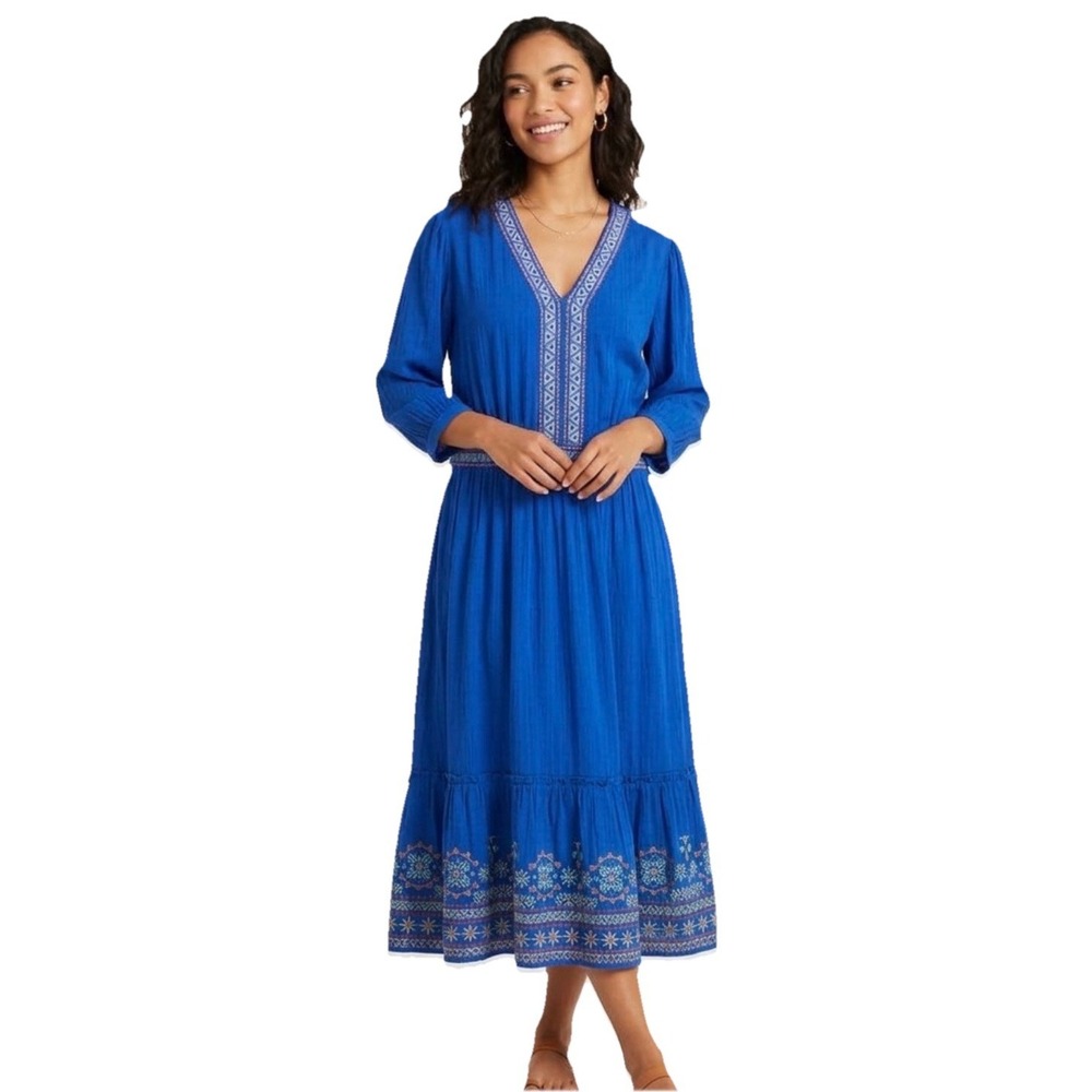 NWT $99 Nature by Westbound Blue Embroidered Boho Midi Dress V Neck Size 3X